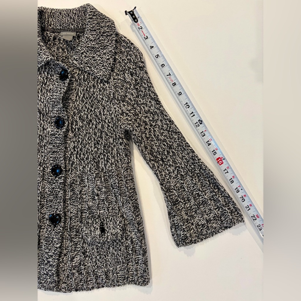 Ann Taylor Chunky Bell Sleeve Knit 98% Cotton Cardigan Black Gray White Stretchy - Picture 8 of 13